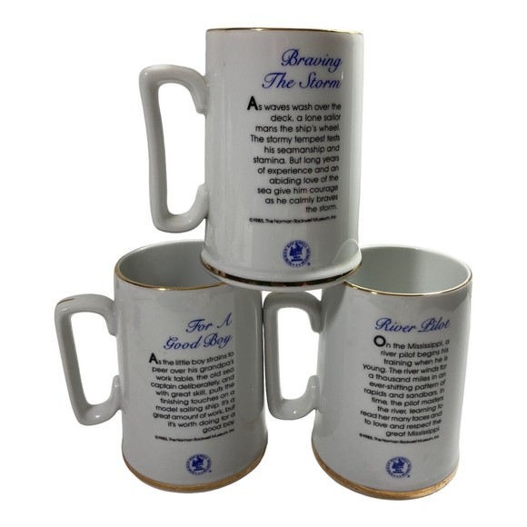 Norman Rockwell Sea Farer Large Coffee Mugs Vintage 1985 Set of 3 - Picture 2 of 9